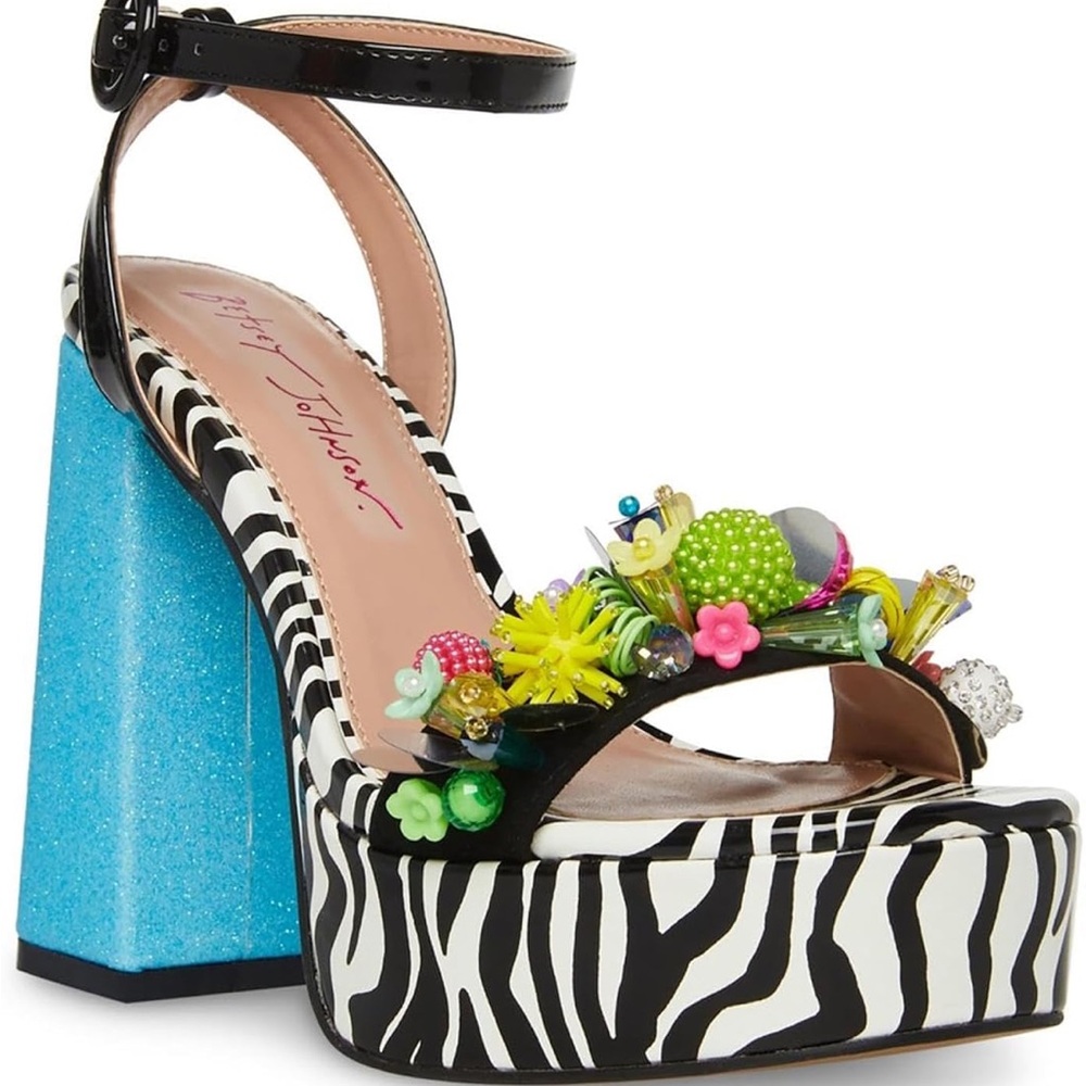 Platform Zebra Print Ankle-Strap Sandal with Blue Block Heel - Picture 2 of 4